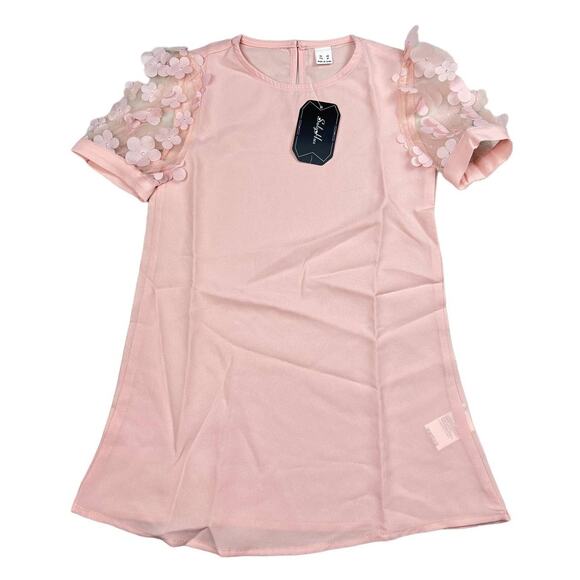 Pink Lightweight Chiffon Girls Small Floral Short Sleeve Summer Dress Tunic - Picture 1 of 9